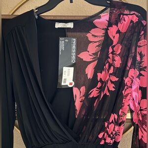 A3 Design Black and Pink Sheath Bodysuit with Plunge Neckline